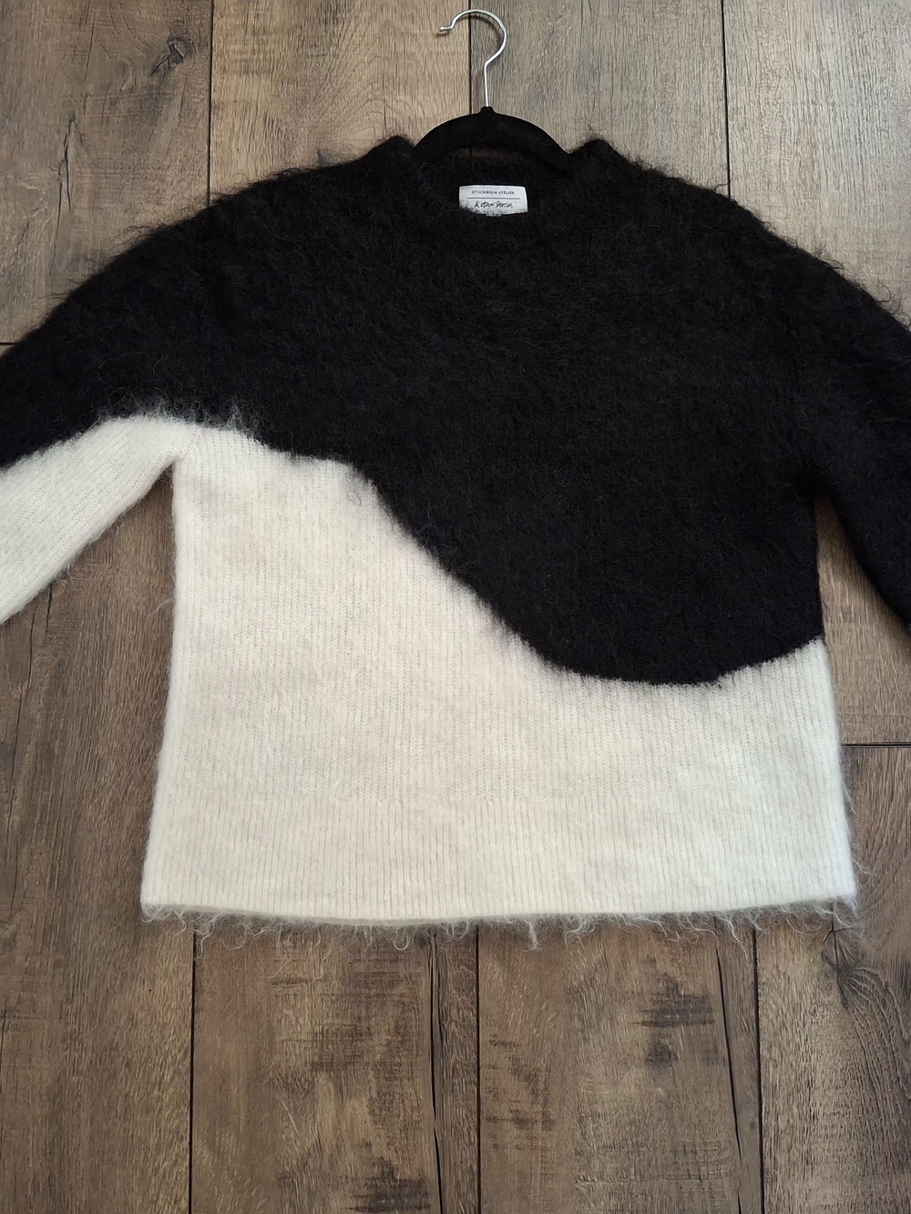 & Other Stories Black and Cream Fuzzy Colorblock Crew Sweater